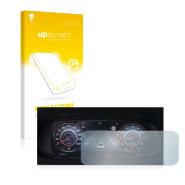 Face avant d’un emballage produit avec le logo de la marque upscreen. À côté, l’appareil Hyundai i20N 2021 Cockpit est représe