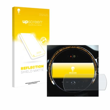 Face avant d’un emballage produit avec le logo de la marque upscreen. À côté, l’appareil Mini Cooper 2021 Infotainment System 