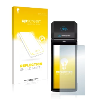 Face avant d’un emballage produit avec le logo de la marque upscreen. À côté, l’appareil Ready2order ReadyGo est représenté av