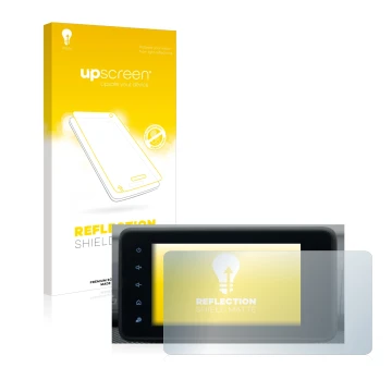 Face avant d’un emballage produit avec le logo de la marque upscreen. À côté, l’appareil Dacia Sandero 2021-2025 Media Display