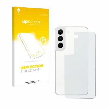 Face avant d’un emballage produit avec le logo de la marque upscreen. À côté, l’appareil Samsung Galaxy S22 5G (Arrière) est r
