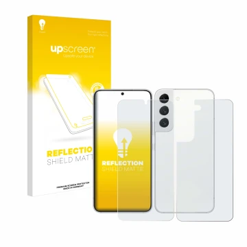 Face avant d’un emballage produit avec le logo de la marque upscreen. À côté, l’appareil Samsung Galaxy S22 5G (Avant+Arrière)