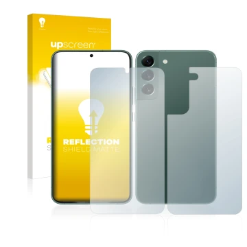 Face avant d’un emballage produit avec le logo de la marque upscreen. À côté, l’appareil Samsung Galaxy S22 Plus 5G (Avant+Arr