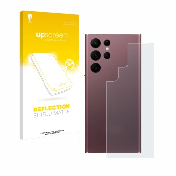 Face avant d’un emballage produit avec le logo de la marque upscreen. À côté, l’appareil Samsung Galaxy S22 Ultra 5G (Arrière)