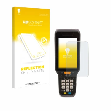 Face avant d’un emballage produit avec le logo de la marque upscreen. À côté, l’appareil Datalogic Skorpio X5 est représenté a