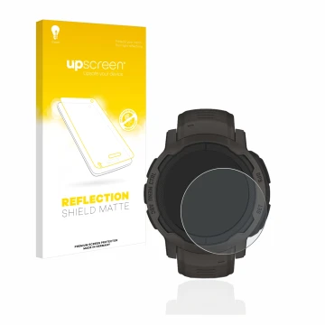 Face avant d’un emballage produit avec le logo de la marque upscreen. À côté, l’appareil Garmin Instinct 2 est représenté avec