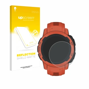 Face avant d’un emballage produit avec le logo de la marque upscreen. À côté, l’appareil Garmin Instinct 2S est représenté ave