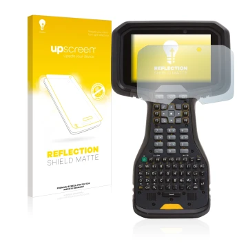 Face avant d’un emballage produit avec le logo de la marque upscreen. À côté, l’appareil Trimble TSC5 est représenté avec la p