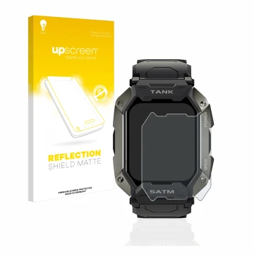 Face avant d’un emballage produit avec le logo de la marque upscreen. À côté, l’appareil Kospet Tank M1 est représenté avec la