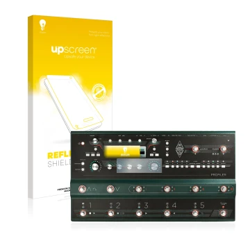 Face avant d’un emballage produit avec le logo de la marque upscreen. À côté, l’appareil Kemper Profiler Stage est représenté 