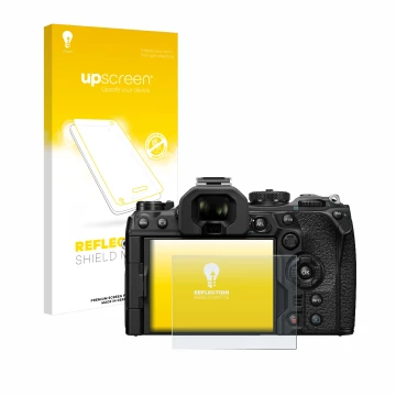 Face avant d’un emballage produit avec le logo de la marque upscreen. À côté, l’appareil Olympus OM-1 2022 est représenté avec