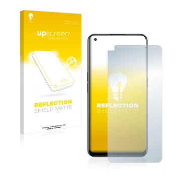 Face avant d’un emballage produit avec le logo de la marque upscreen. À côté, l’appareil realme 9 Pro Plus est représenté avec