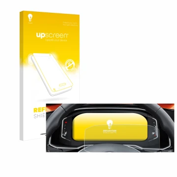 Face avant d’un emballage produit avec le logo de la marque upscreen. À côté, l’appareil Volkswagen Polo 6 Digital Cockpit Pro