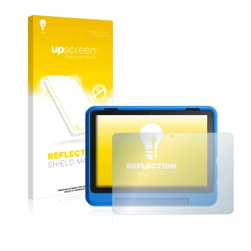 Face avant d’un emballage produit avec le logo de la marque upscreen. À côté, l’appareil Amazon Fire HD 8 Kids Pro Edition 202