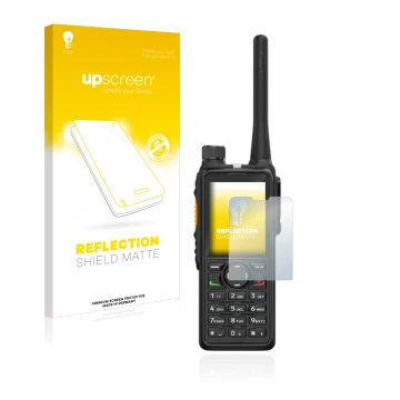 Face avant d’un emballage produit avec le logo de la marque upscreen. À côté, l’appareil Hytera HP785 est représenté avec la p