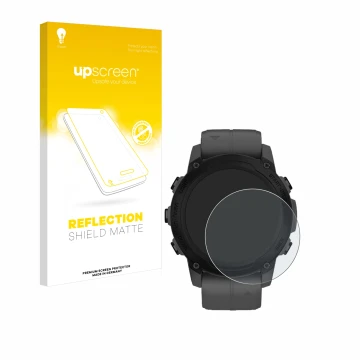 Face avant d’un emballage produit avec le logo de la marque upscreen. À côté, l’appareil Garmin Descent G1 est représenté avec