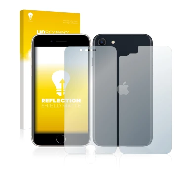 Face avant d’un emballage produit avec le logo de la marque upscreen. À côté, l’appareil Apple iPhone SE 3 2022 (Avant+Arrière