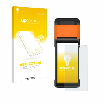 Face avant d’un emballage produit avec le logo de la marque upscreen. À côté, l’appareil Sunmi V2s est représenté avec la prot