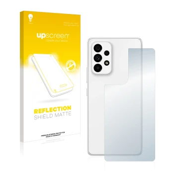 Face avant d’un emballage produit avec le logo de la marque upscreen. À côté, l’appareil Samsung Galaxy A53 5G (Arrière) est r