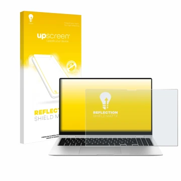 Face avant d’un emballage produit avec le logo de la marque upscreen. À côté, l’appareil Samsung Galaxy Book2 Pro 360 15.6