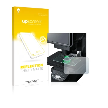 Face avant d’un emballage produit avec le logo de la marque upscreen. À côté, l’appareil Keyence IM-7030 Dessus en verre est r