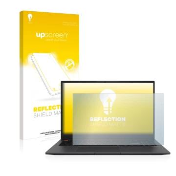 Face avant d’un emballage produit avec le logo de la marque upscreen. À côté, l’appareil ASUS VivoBook S 15 OLED est représent