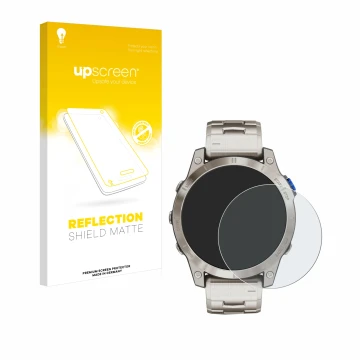Face avant d’un emballage produit avec le logo de la marque upscreen. À côté, l’appareil Garmin D2 Mach 1 est représenté avec 
