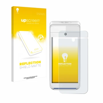 Face avant d’un emballage produit avec le logo de la marque upscreen. À côté, l’appareil Pax A920 est représenté avec la prote