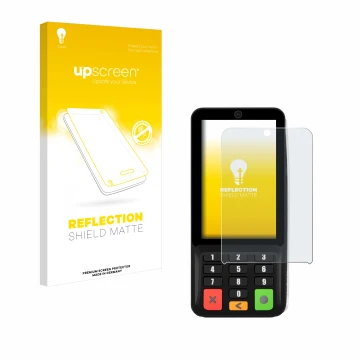 Face avant d’un emballage produit avec le logo de la marque upscreen. À côté, l’appareil Pax A35 est représenté avec la protec