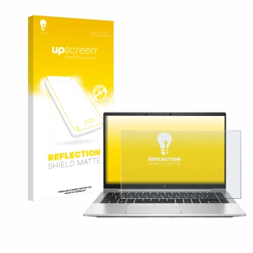 Face avant d’un emballage produit avec le logo de la marque upscreen. À côté, l’appareil HP EliteBook 845 G7 est représenté av