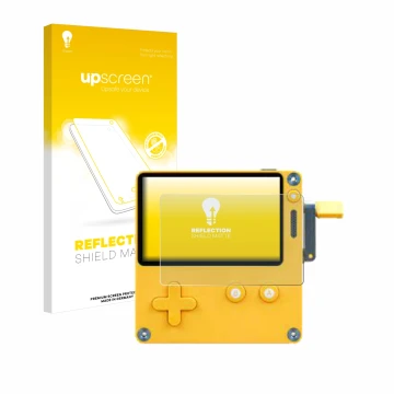 Face avant d’un emballage produit avec le logo de la marque upscreen. À côté, l’appareil Panic Playdate est représenté avec la