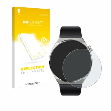 Face avant d’un emballage produit avec le logo de la marque upscreen. À côté, l’appareil Huawei Watch GT 3 Pro Titanium (46mm)