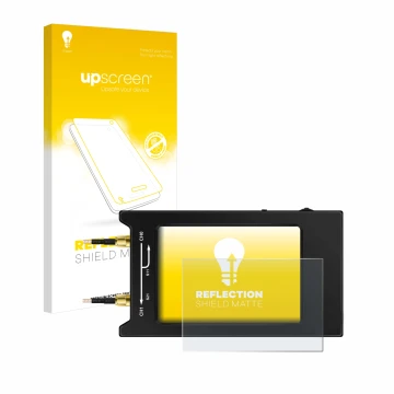 Face avant d’un emballage produit avec le logo de la marque upscreen. À côté, l’appareil NanoVNA H4 est représenté avec la pro