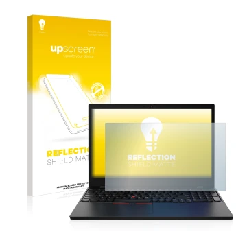 Face avant d’un emballage produit avec le logo de la marque upscreen. À côté, l’appareil Lenovo ThinkPad L15 Gen 2 est représe