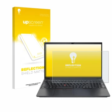 Face avant d’un emballage produit avec le logo de la marque upscreen. À côté, l’appareil Lenovo ThinkPad E15 Gen 2 est représe