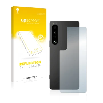 Face avant d’un emballage produit avec le logo de la marque upscreen. À côté, l’appareil Sony Xperia 1 IV (Arrière) est représ