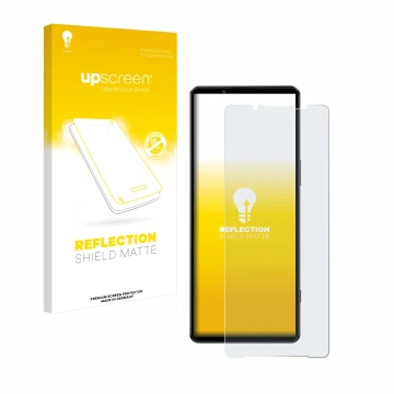 Face avant d’un emballage produit avec le logo de la marque upscreen. À côté, l’appareil Sony Xperia 1 IV est représenté avec 