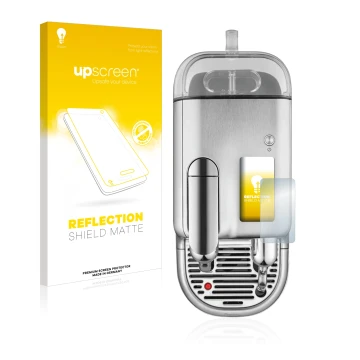 Face avant d’un emballage produit avec le logo de la marque upscreen. À côté, l’appareil Sage Nespresso Creatista Pro est repr