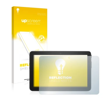 Face avant d’un emballage produit avec le logo de la marque upscreen. À côté, l’appareil Amazon Fire 7 2022 est représenté ave