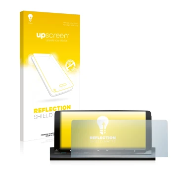 Face avant d’un emballage produit avec le logo de la marque upscreen. À côté, l’appareil Volkswagen Caddy 5 Discover Media 10