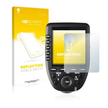 Face avant d’un emballage produit avec le logo de la marque upscreen. À côté, l’appareil Godox XPro est représenté avec la pro