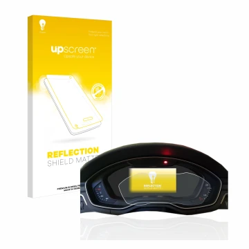 Face avant d’un emballage produit avec le logo de la marque upscreen. À côté, l’appareil Audi A4 B9 2017 Virtual Cockpit est r