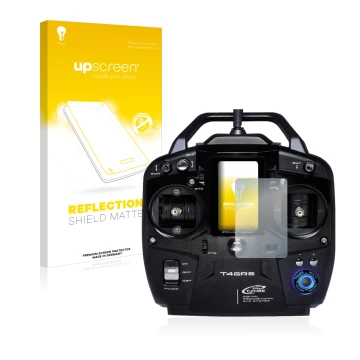 Face avant d’un emballage produit avec le logo de la marque upscreen. À côté, l’appareil Futaba T4GRS est représenté avec la p