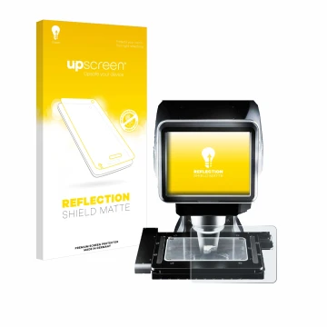 Face avant d’un emballage produit avec le logo de la marque upscreen. À côté, l’appareil Keyence LM-1100 Dessus en verre est r