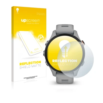 Face avant d’un emballage produit avec le logo de la marque upscreen. À côté, l’appareil Garmin Forerunner 255S est représenté