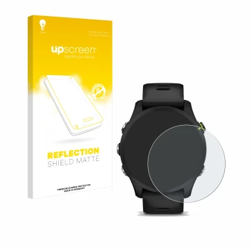 Face avant d’un emballage produit avec le logo de la marque upscreen. À côté, l’appareil Garmin Forerunner 255 Music est repré