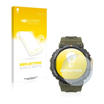 Face avant d’un emballage produit avec le logo de la marque upscreen. À côté, l’appareil Huami Amazfit T-Rex 2 est représenté 