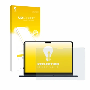 Face avant d’un emballage produit avec le logo de la marque upscreen. À côté, l’appareil Apple MacBook Air 13