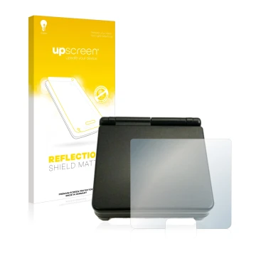 Face avant d’un emballage produit avec le logo de la marque upscreen. À côté, l’appareil Nintendo Gameboy Advance SP (boîtier)