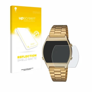 Face avant d’un emballage produit avec le logo de la marque upscreen. À côté, l’appareil Casio Retro B640WB est représenté ave